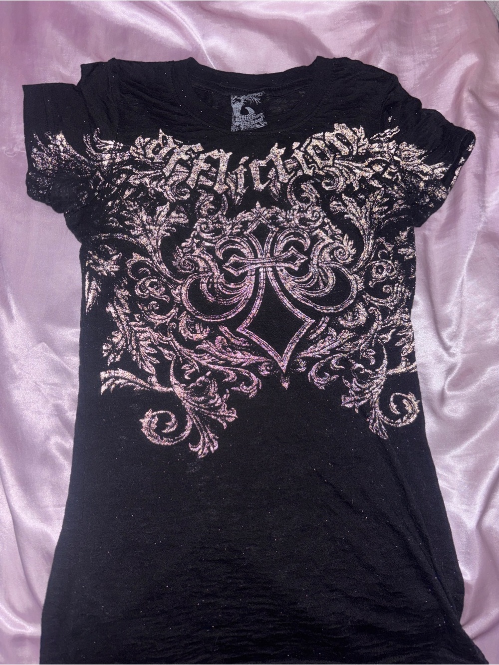 Black Women's Graphic Tee with Pink Metallic Fleur Design